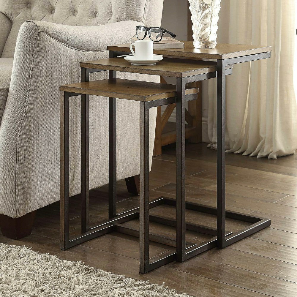 Plow & Hearth 3-Piece Industrial Style Rectangular Metal and Wood Nesting Tables