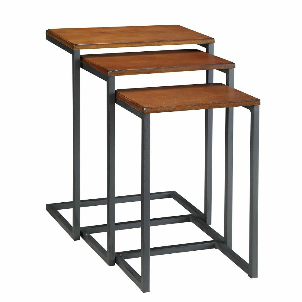 Plow & Hearth 3-Piece Industrial Style Rectangular Metal and Wood Nesting Tables