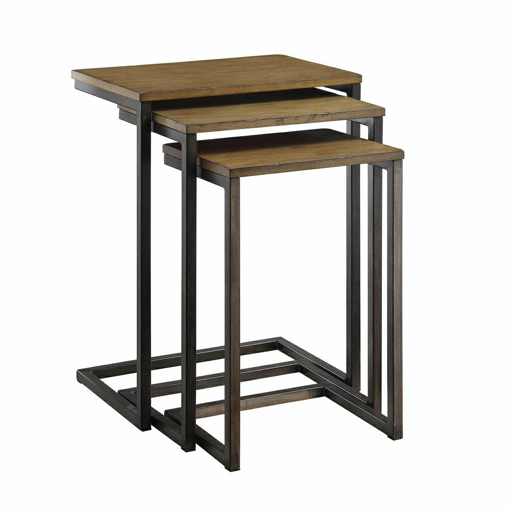 Plow & Hearth 3-Piece Industrial Style Rectangular Metal and Wood Nesting Tables