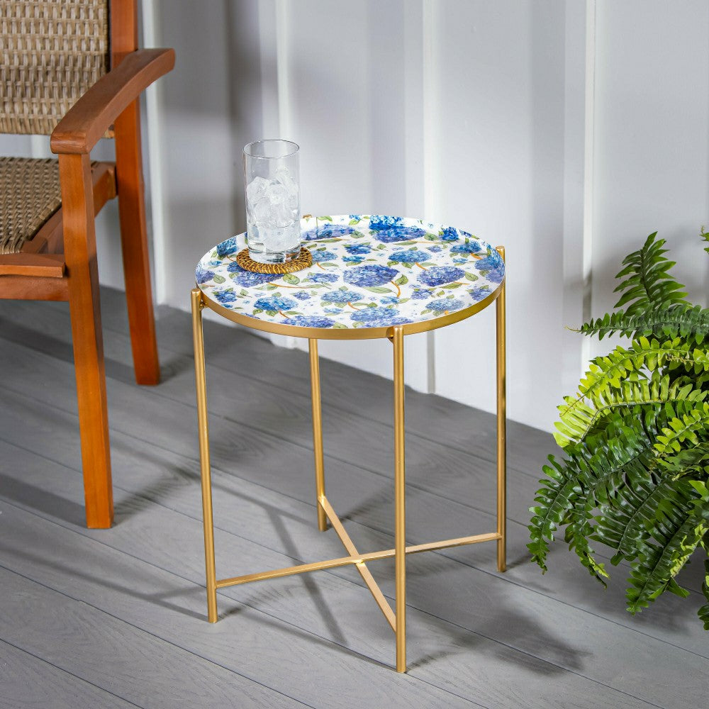 Plow & Hearth VivaStyle Outdoor Side Table, Printed Metal Side Table, Hydrangea, 19"