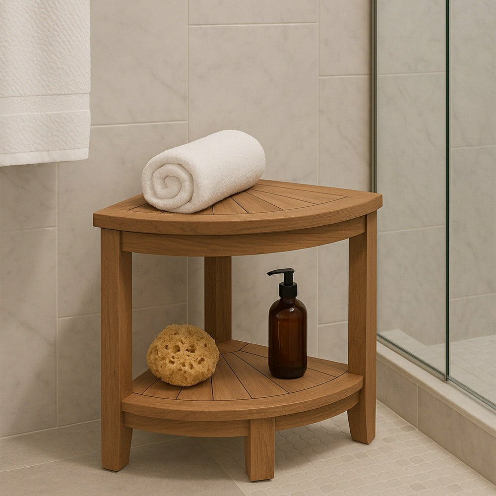 Plow & Hearth Stanley Natural Teak Shower and Bath Corner Stool with Shelf - 15.7"