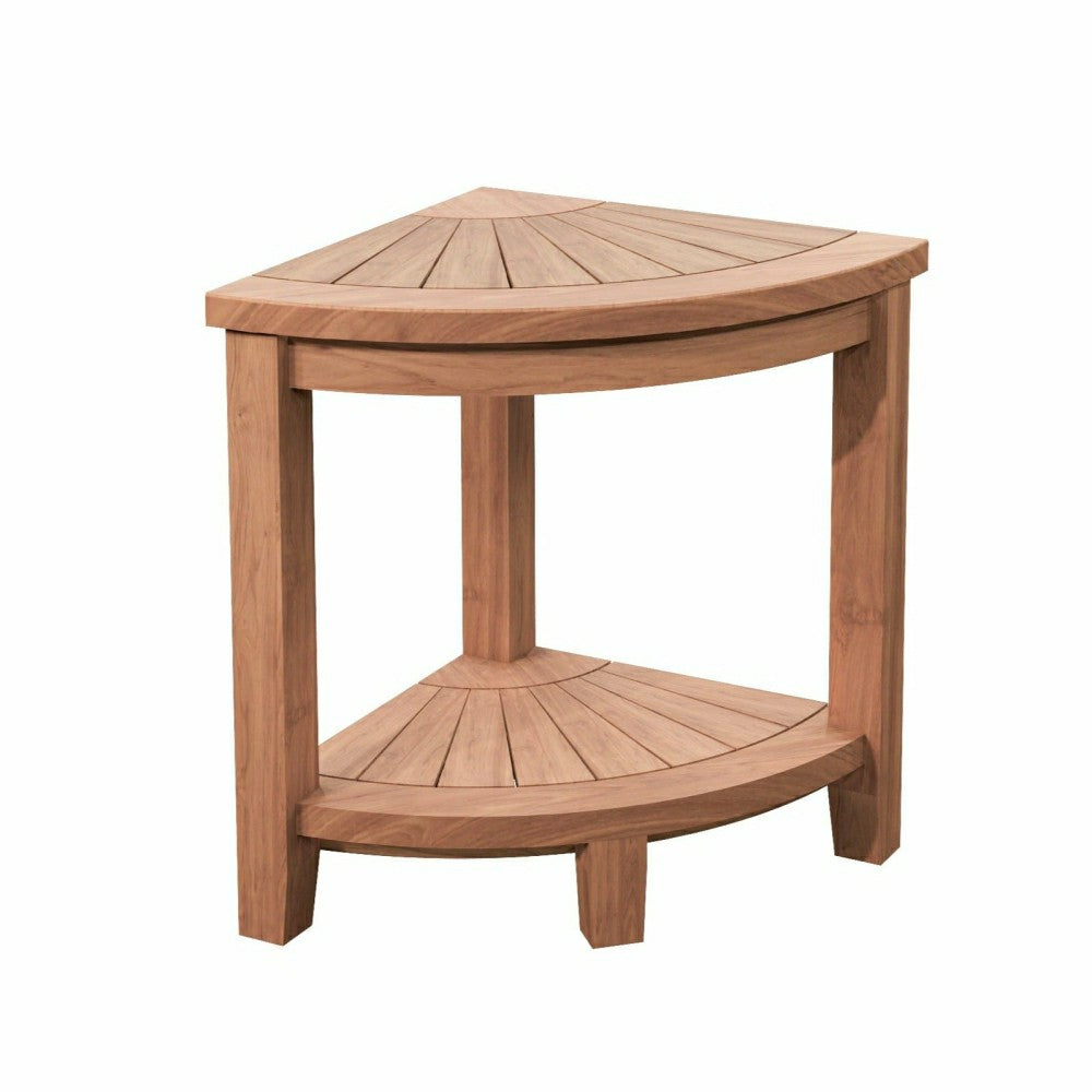 Plow & Hearth Stanley Natural Teak Shower and Bath Corner Stool with Shelf - 15.7"