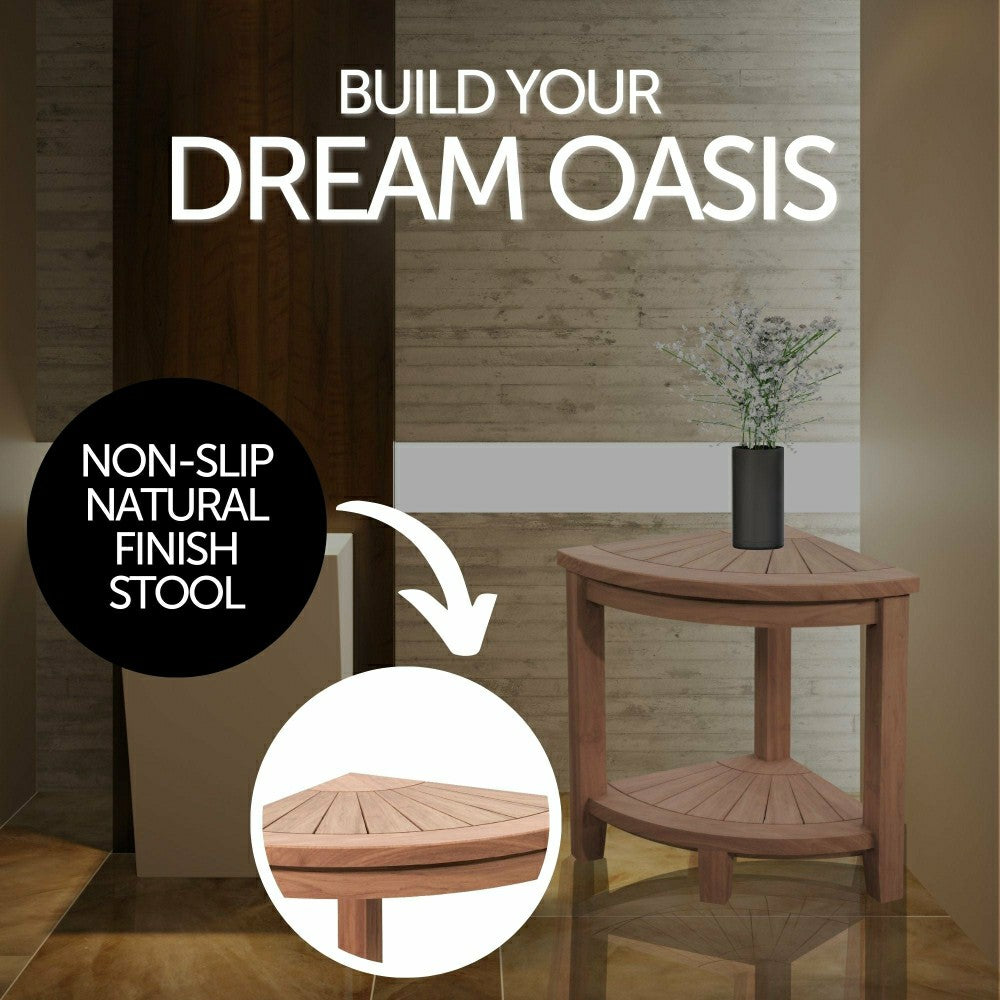 Plow & Hearth Stanley Natural Teak Shower and Bath Corner Stool with Shelf - 15.7"