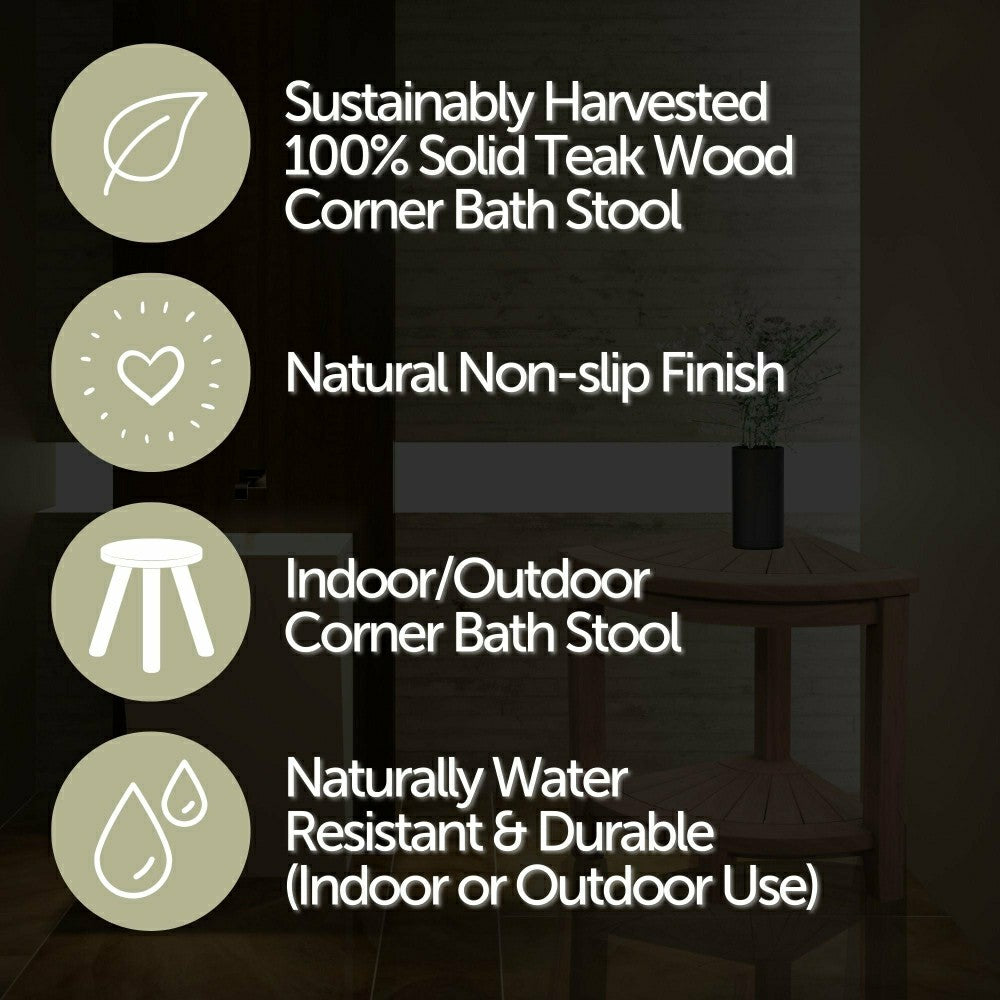 Plow & Hearth Stanley Natural Teak Shower and Bath Corner Stool with Shelf - 15.7"