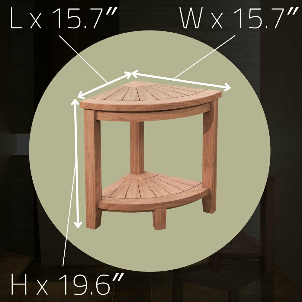 Plow & Hearth Stanley Natural Teak Shower and Bath Corner Stool with Shelf - 15.7"