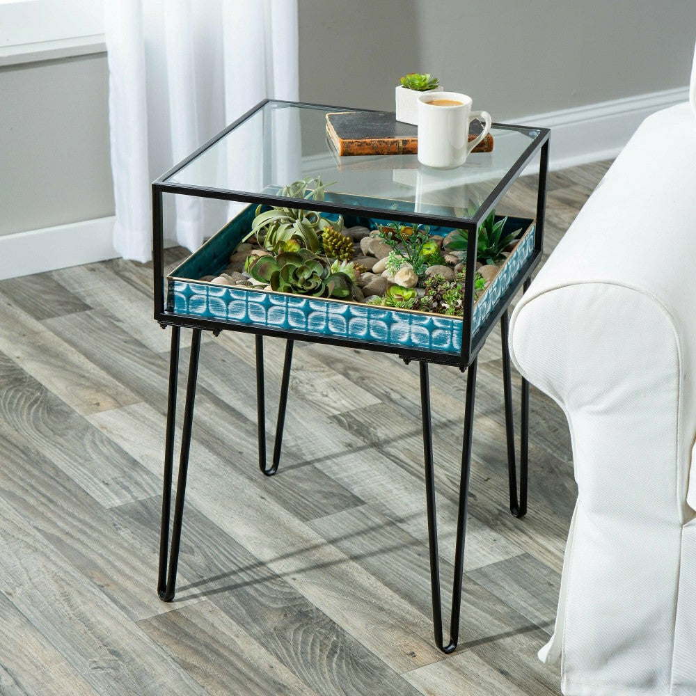 Plow & Hearth Metal Table with Glass Top and Teal Metal Planter Dish
