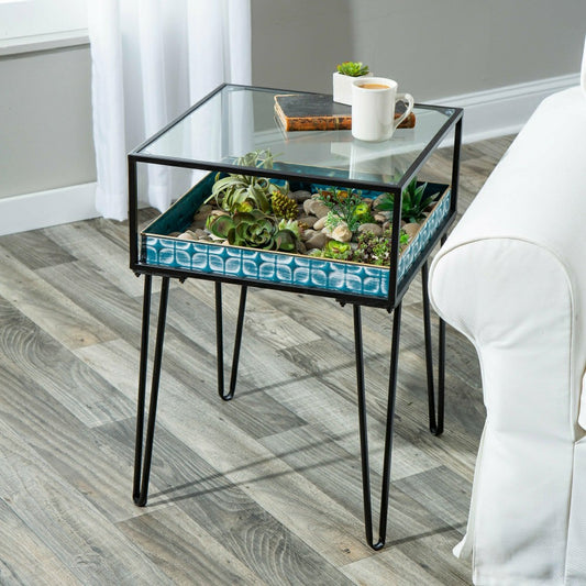 Plow & Hearth Metal Table with Glass Top and Teal Metal Planter Dish