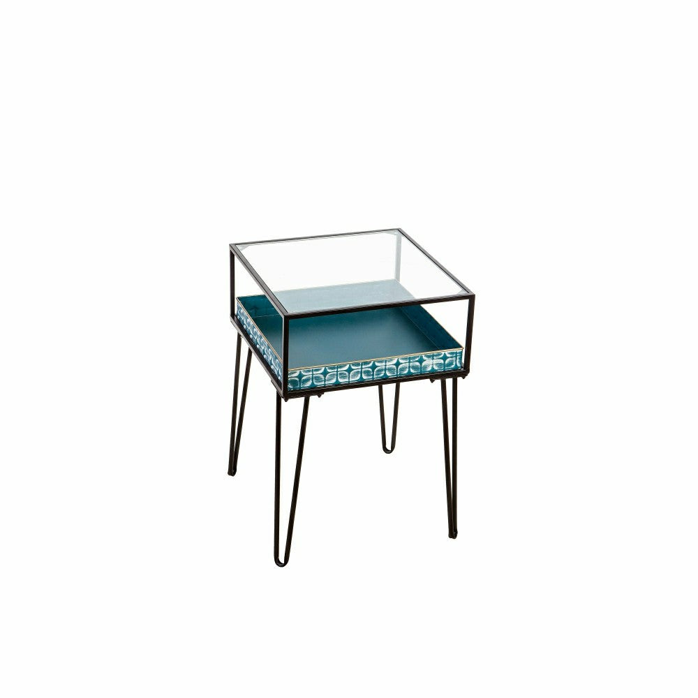 Plow & Hearth Metal Table with Glass Top and Teal Metal Planter Dish