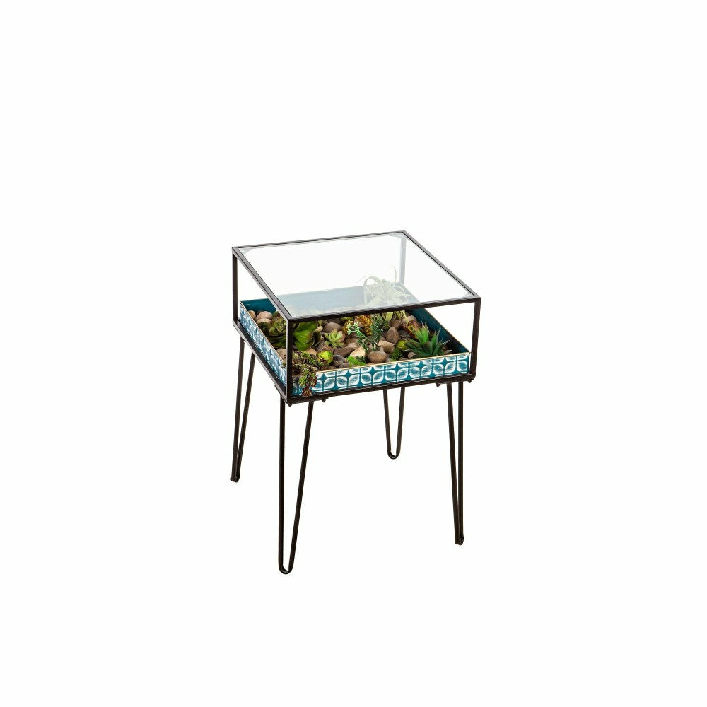 Plow & Hearth Metal Table with Glass Top and Teal Metal Planter Dish