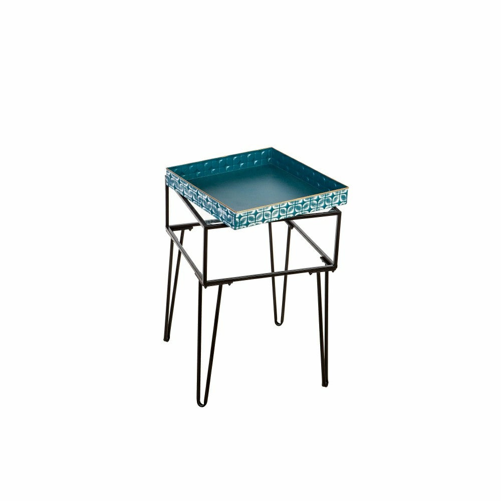 Plow & Hearth Metal Table with Glass Top and Teal Metal Planter Dish