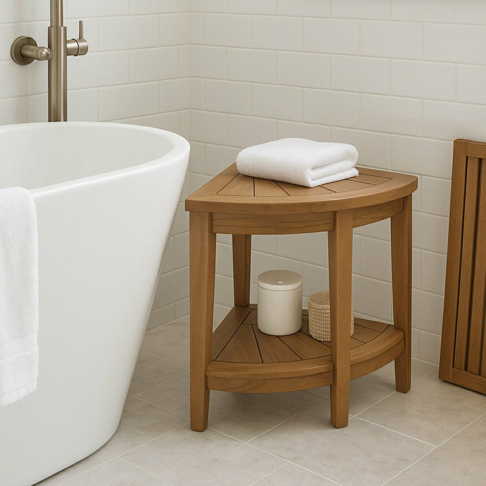 Plow & Hearth Tanzania Oiled Teak Shower and Bath Corner Stool with Shelf - 17.5"
