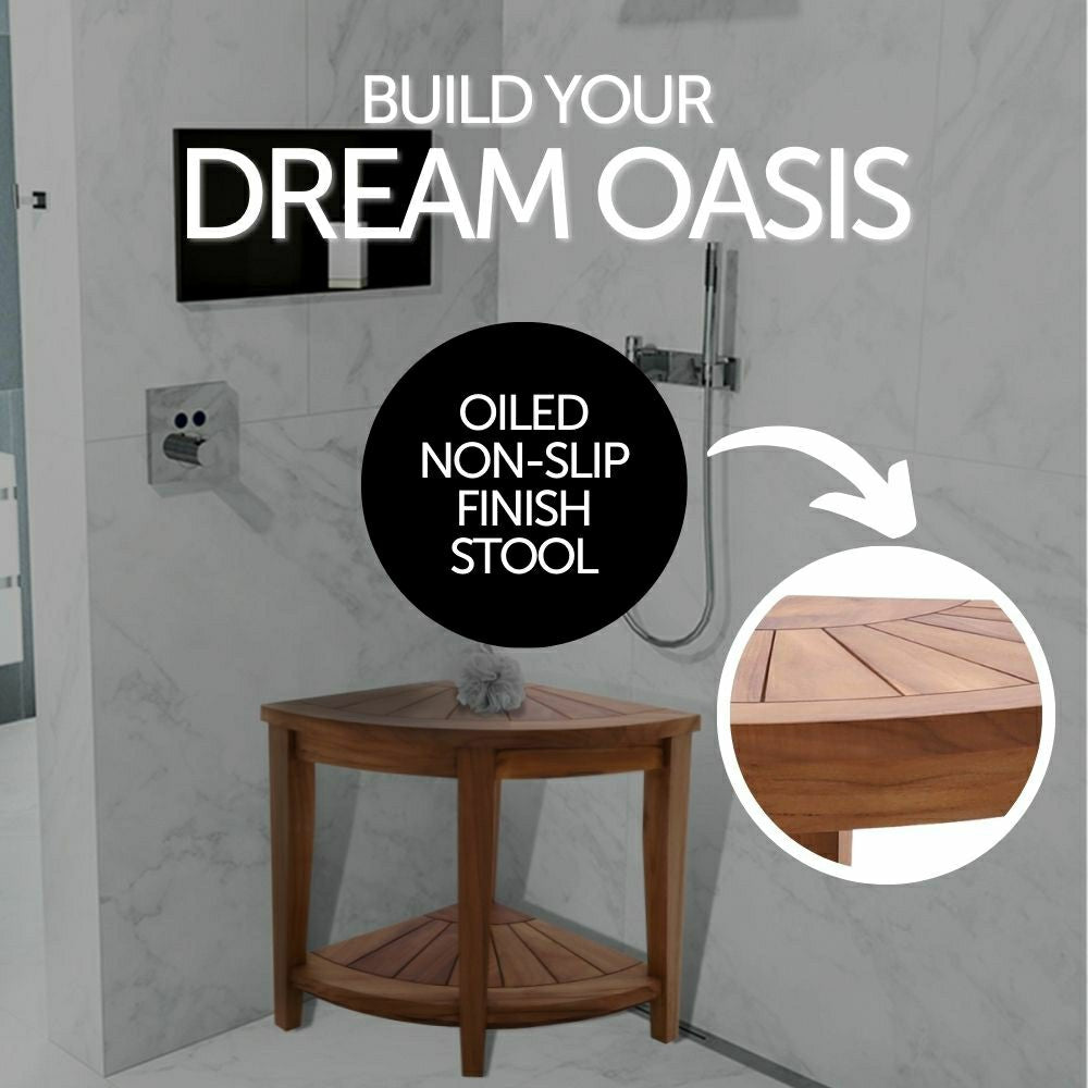Plow & Hearth Tanzania Oiled Teak Shower and Bath Corner Stool with Shelf - 17.5"