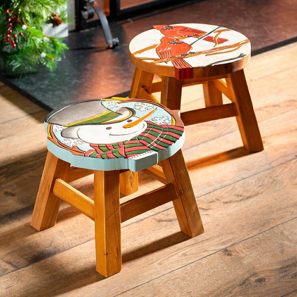 Plow & Hearth Carved Wooden Footstool with Cardinal Design