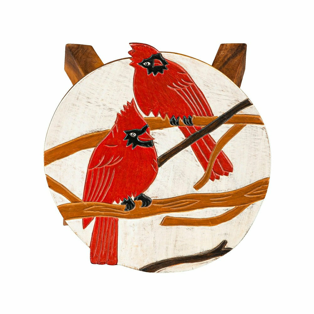 Plow & Hearth Carved Wooden Footstool with Cardinal Design