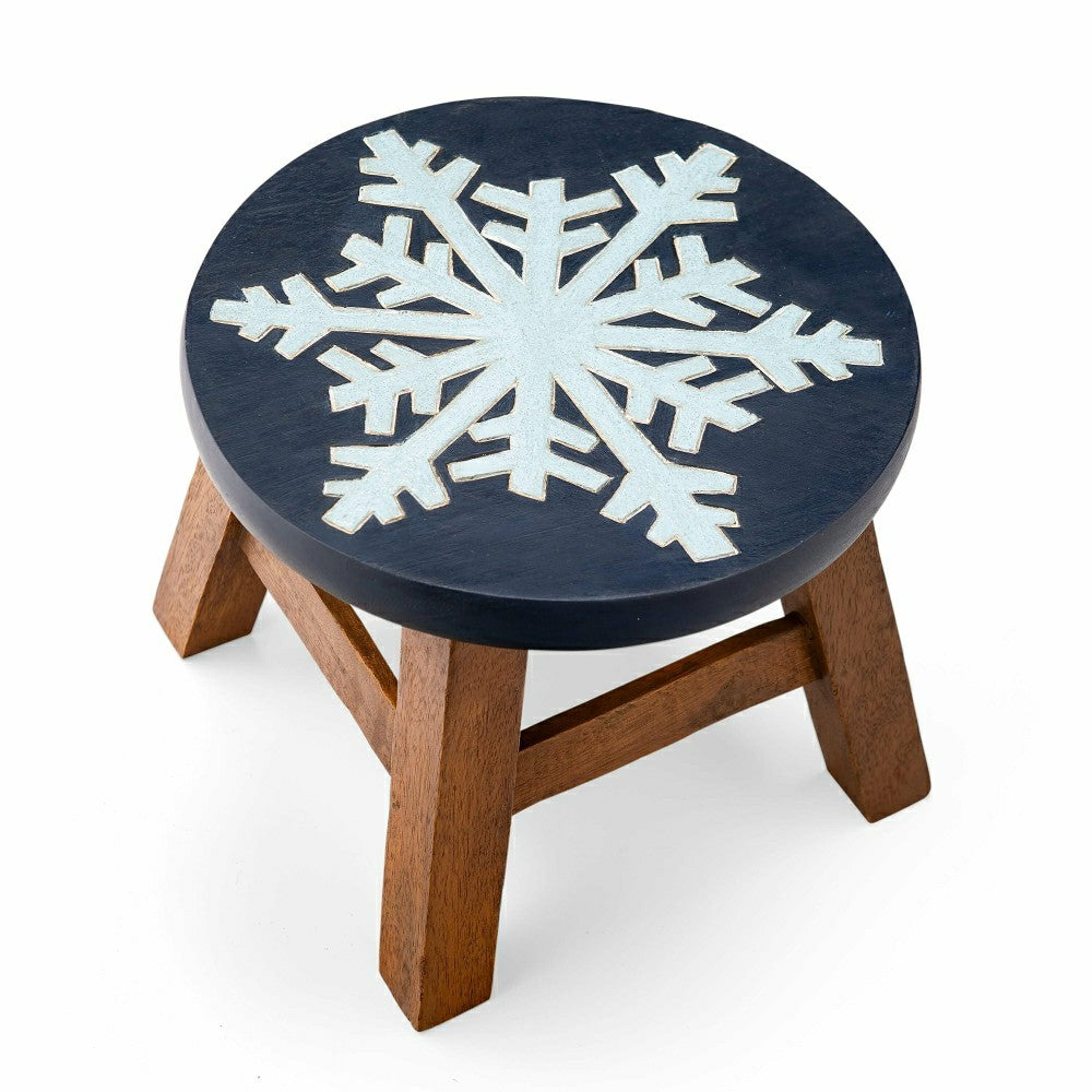 Plow & Hearth Hand-Carved Acacia Wood Glittery Snowflake Footstool