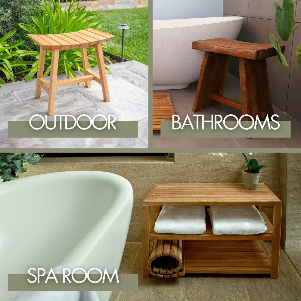 Plow & Hearth Norwegian Natural Teak Shower and Bath Curved Spa Bench with Shelf - 3