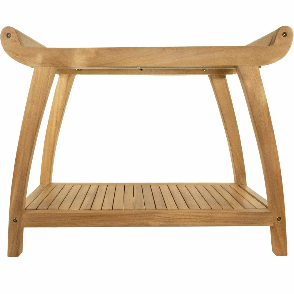 Plow & Hearth Norwegian Natural Teak Shower and Bath Curved Spa Bench with Shelf - 3