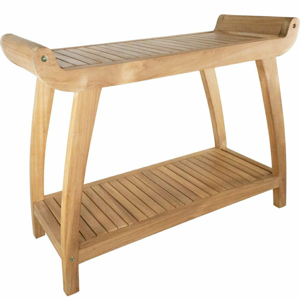 Plow & Hearth Norwegian Natural Teak Shower and Bath Curved Spa Bench with Shelf - 3