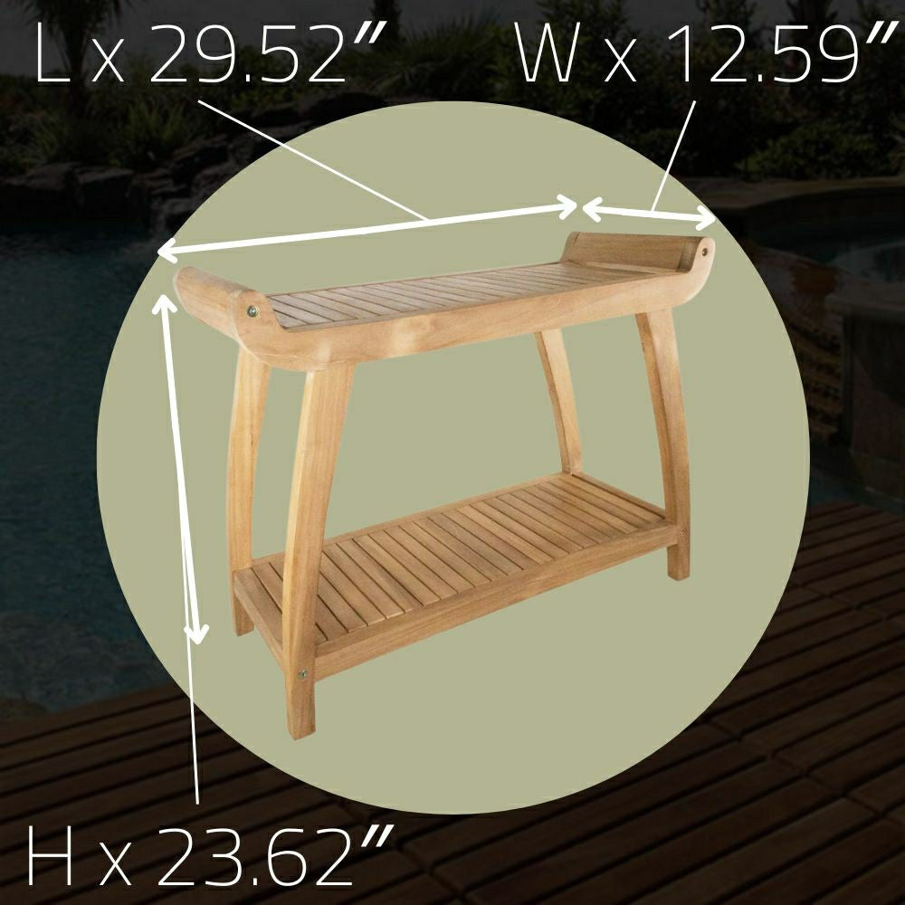 Plow & Hearth Norwegian Natural Teak Shower and Bath Curved Spa Bench with Shelf - 3
