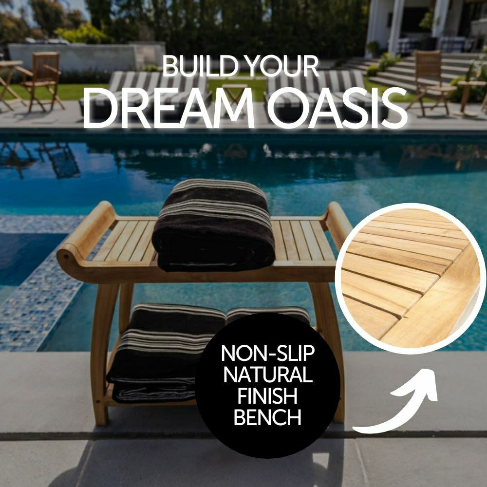 Plow & Hearth Norwegian Natural Teak Shower and Bath Curved Spa Bench with Shelf - 3