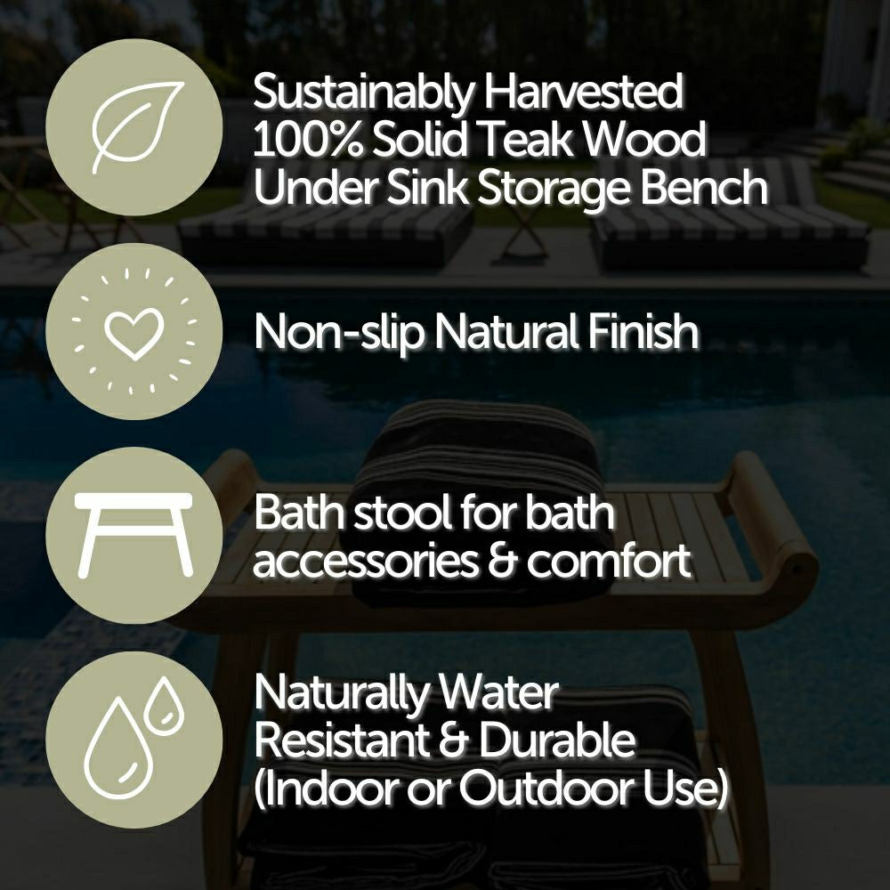 Plow & Hearth Norwegian Natural Teak Shower and Bath Curved Spa Bench with Shelf - 3