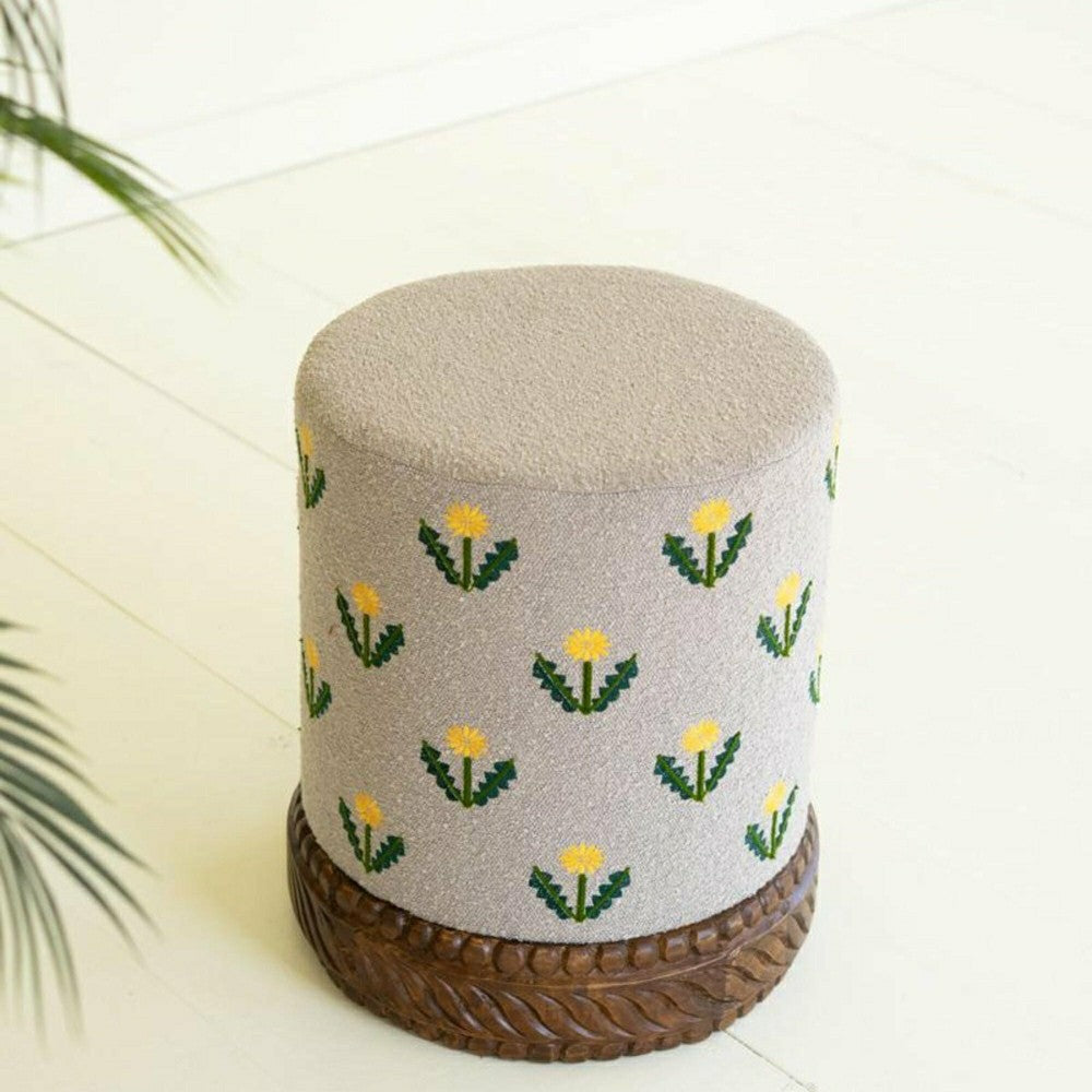Plow & Hearth Upholstered Ottoman with Carved Wood Base, Gray
