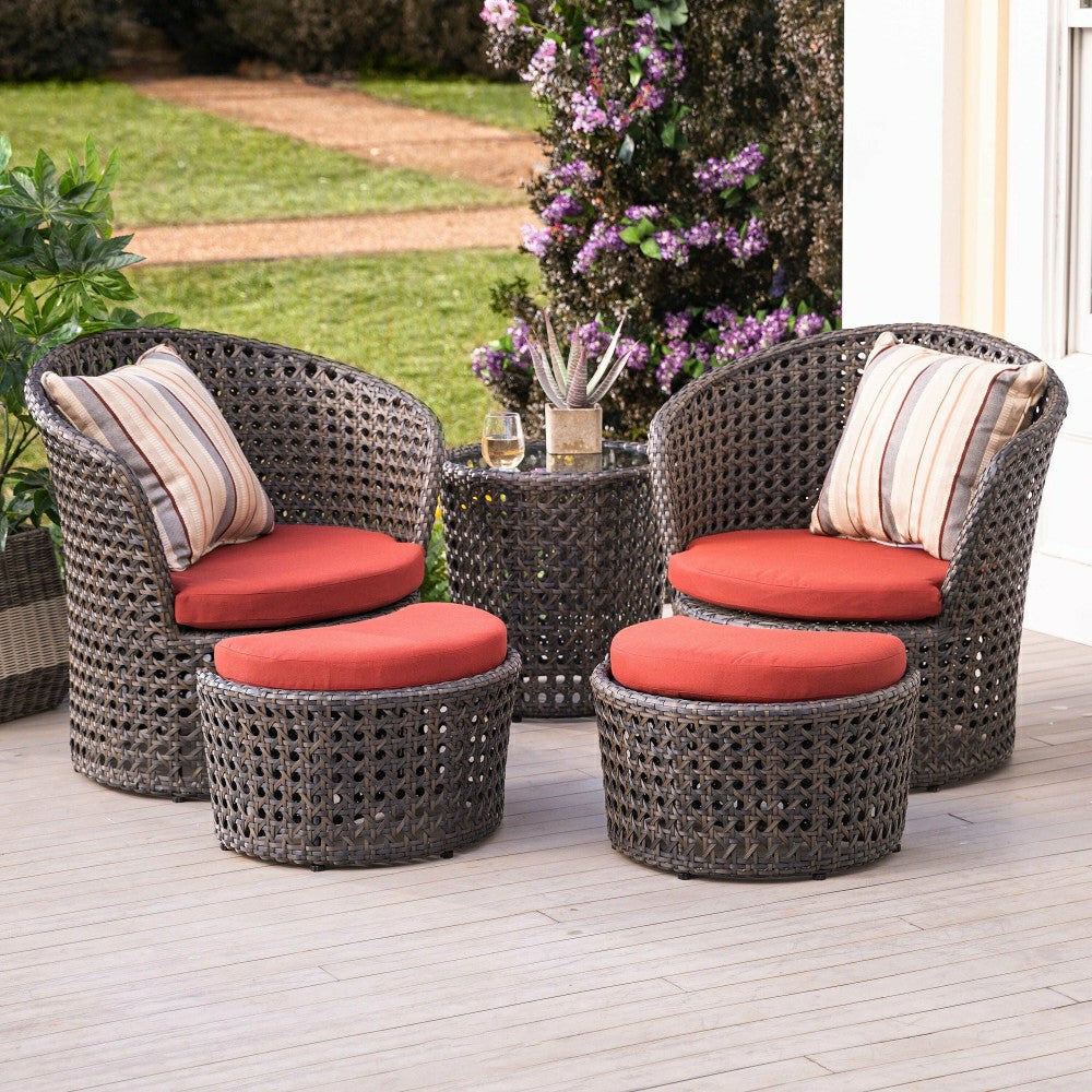Plow & Hearth Wicker Conversation Set with Ottomans and Sunbrella Cushions, 5-Piece