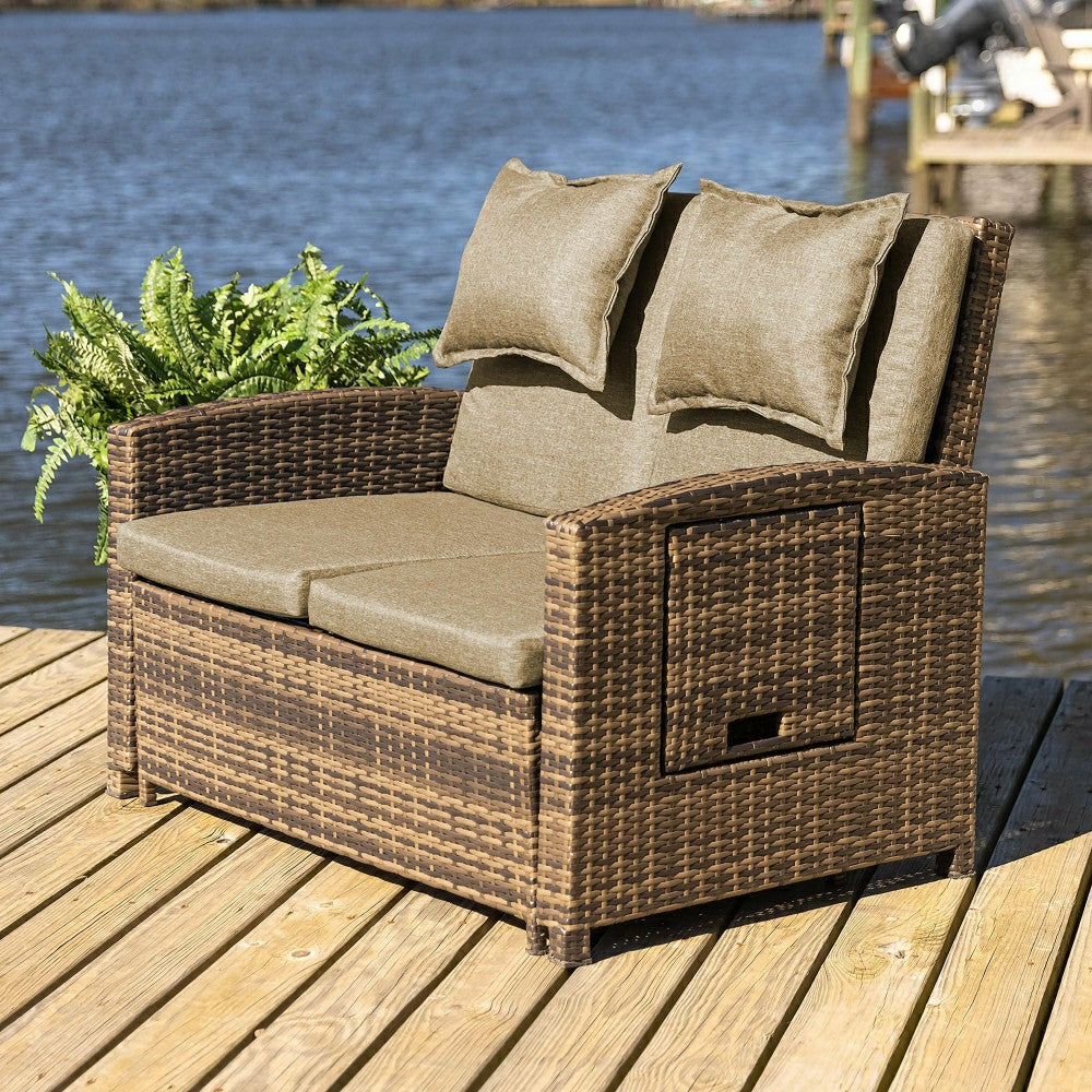 Plow & Hearth Multi-Functional Outdoor Wicker Love Seat Chaise Lounger with Taupe Cu