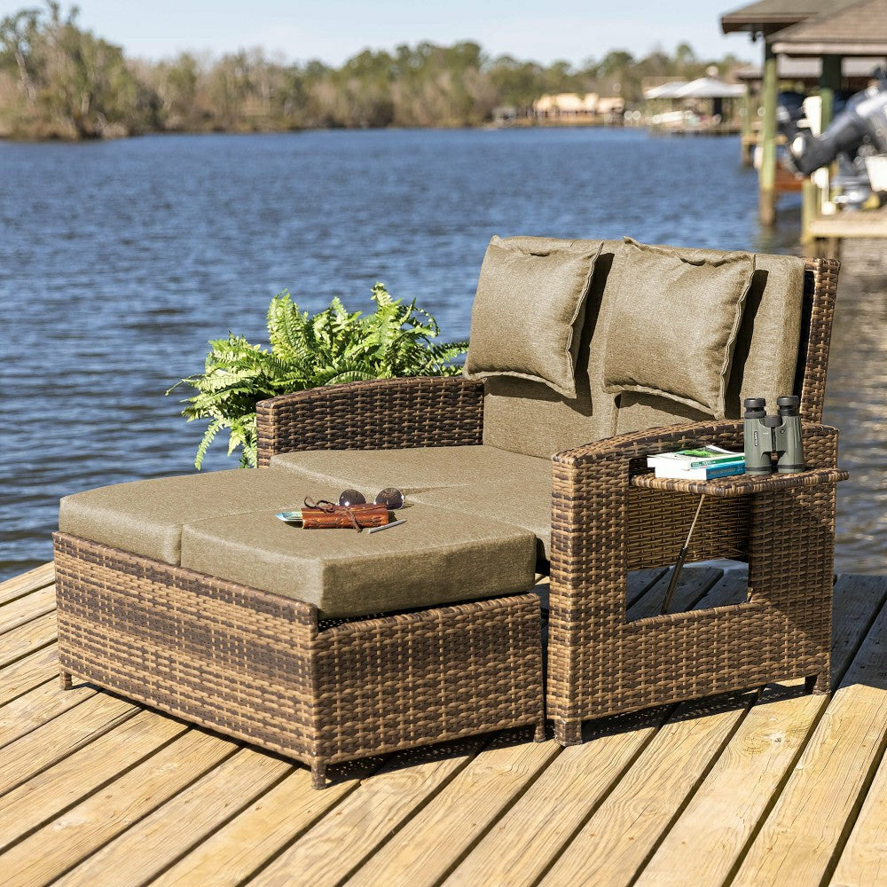 Plow & Hearth Multi-Functional Outdoor Wicker Love Seat Chaise Lounger with Taupe Cu