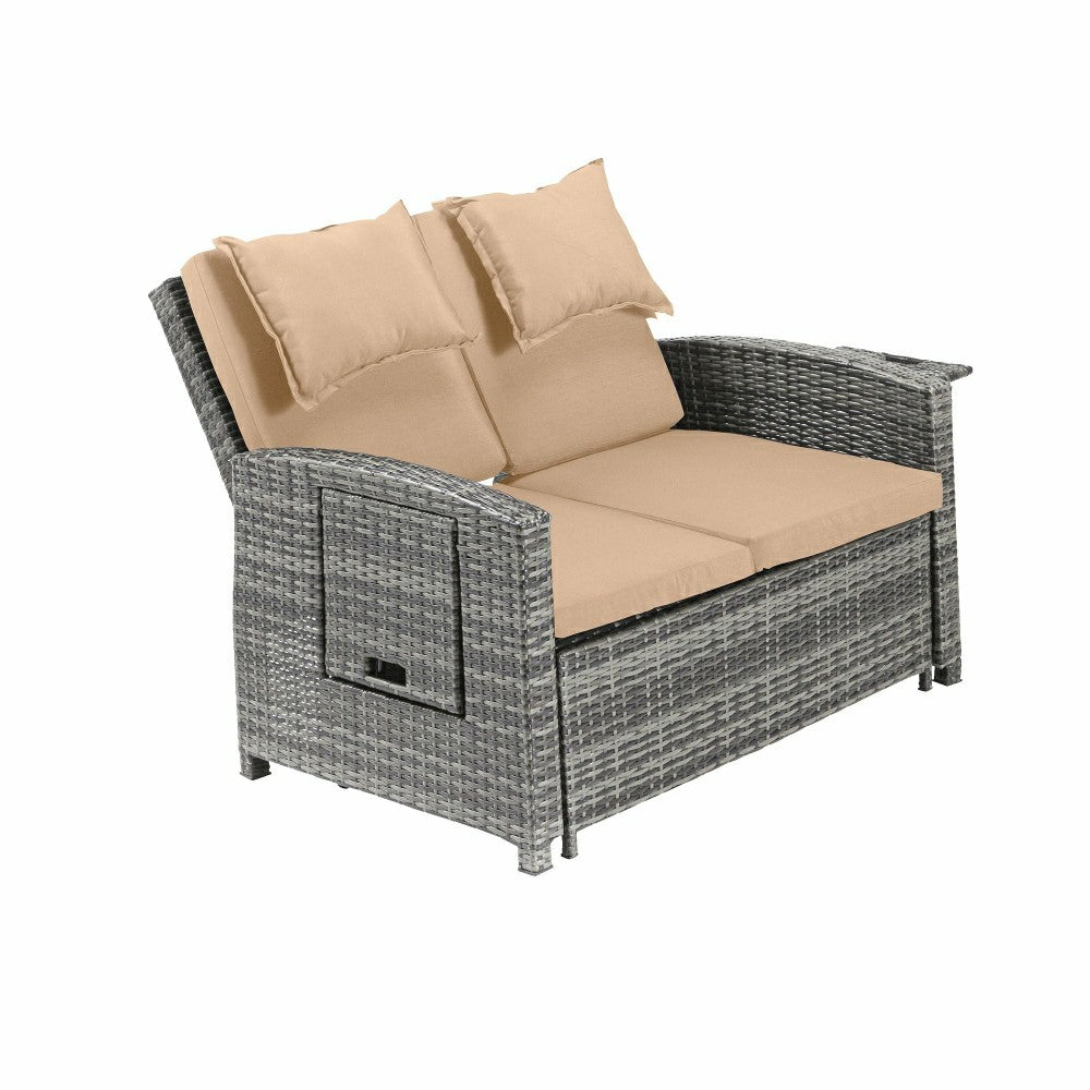 Plow & Hearth Multi-Functional Outdoor Wicker Love Seat Chaise Lounger with Taupe Cu