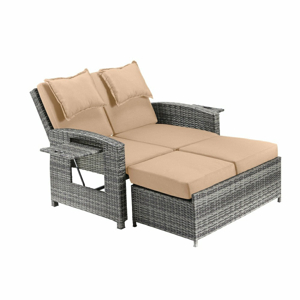 Plow & Hearth Multi-Functional Outdoor Wicker Love Seat Chaise Lounger with Taupe Cu