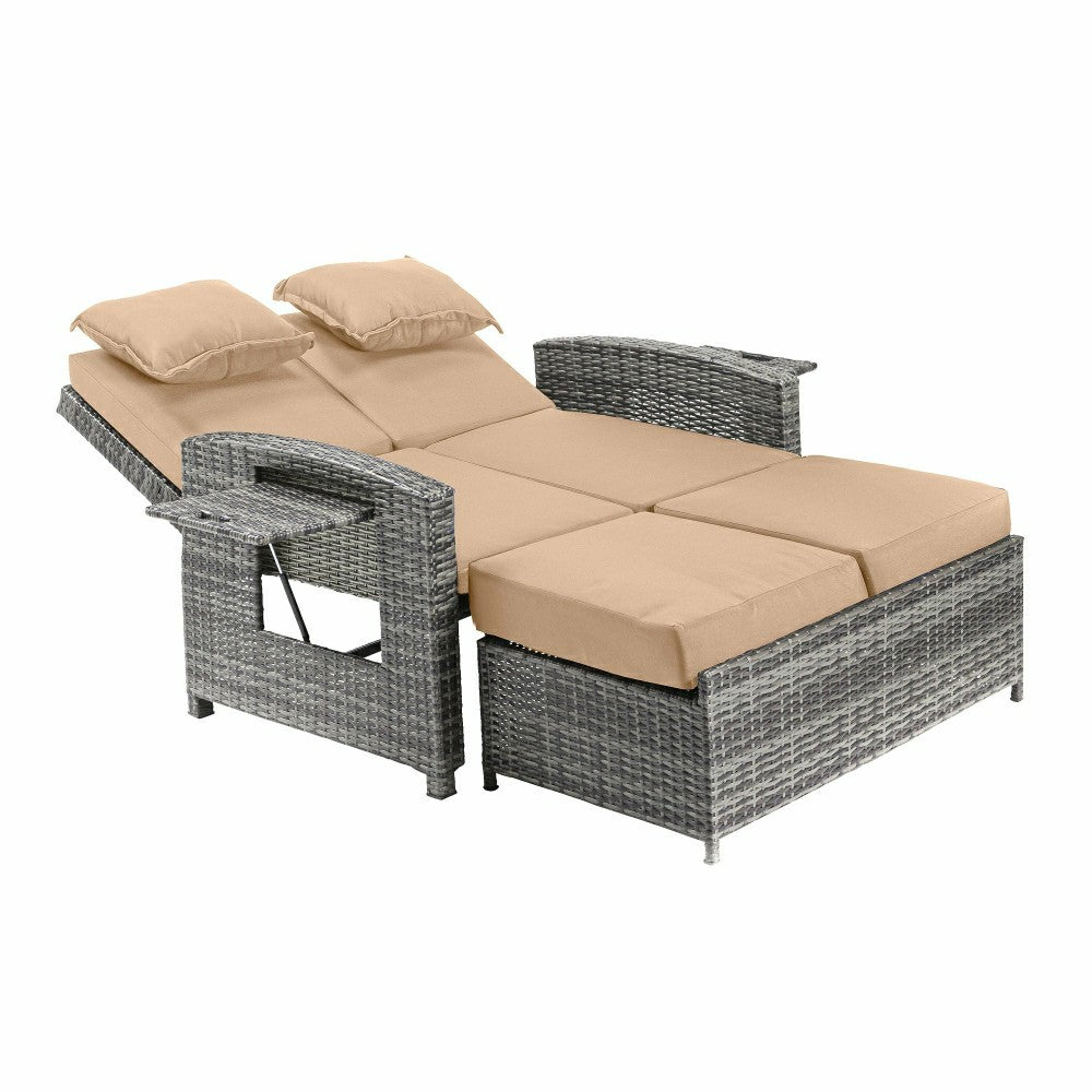 Plow & Hearth Multi-Functional Outdoor Wicker Love Seat Chaise Lounger with Taupe Cu