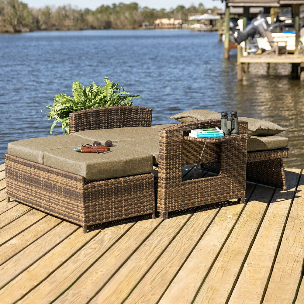 Plow & Hearth Multi-Functional Outdoor Wicker Love Seat Chaise Lounger with Taupe Cu