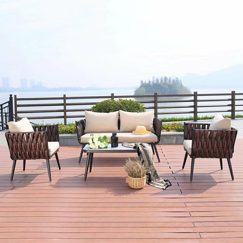 Plow & Hearth Steel Frame Wicker Sofa Set with Cushions, 4-Piece