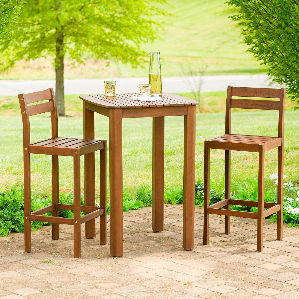 Plow & Hearth Lancaster Eucalyptus Outdoor Bar Set with Table and 2 Bar Stools, 3-Pi