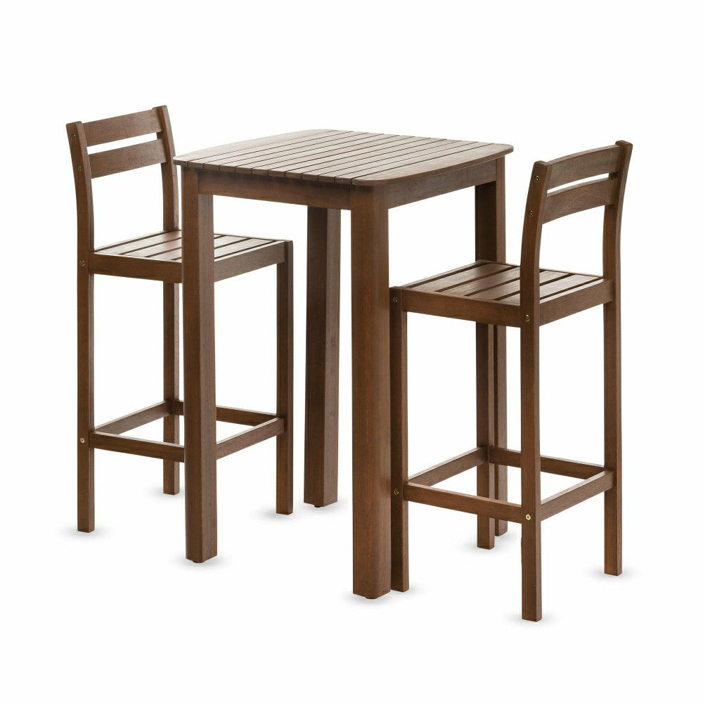 Plow & Hearth Lancaster Eucalyptus Outdoor Bar Set with Table and 2 Bar Stools, 3-Pi