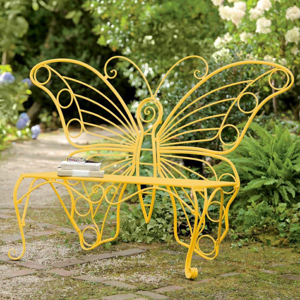 Plow & Hearth Yellow Metal Butterfly Garden Bench