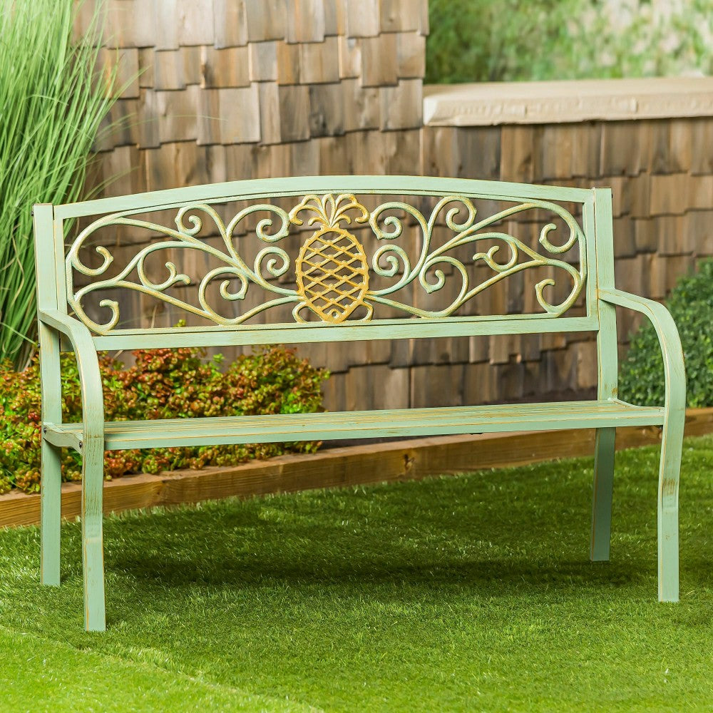 Plow & Hearth Pineapple Metal Garden Bench - Verdigris
