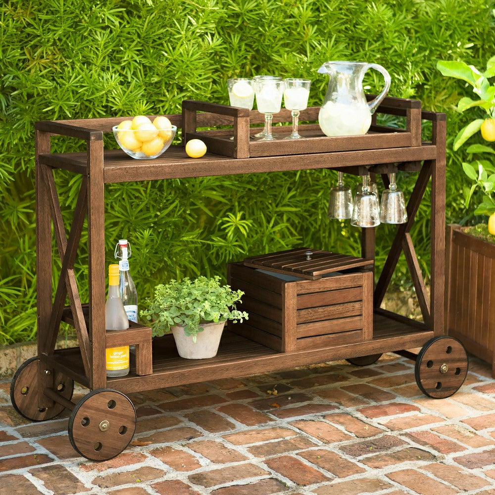 Plow & Hearth Claremont Eucalyptus Rolling Outdoor Bar Cart