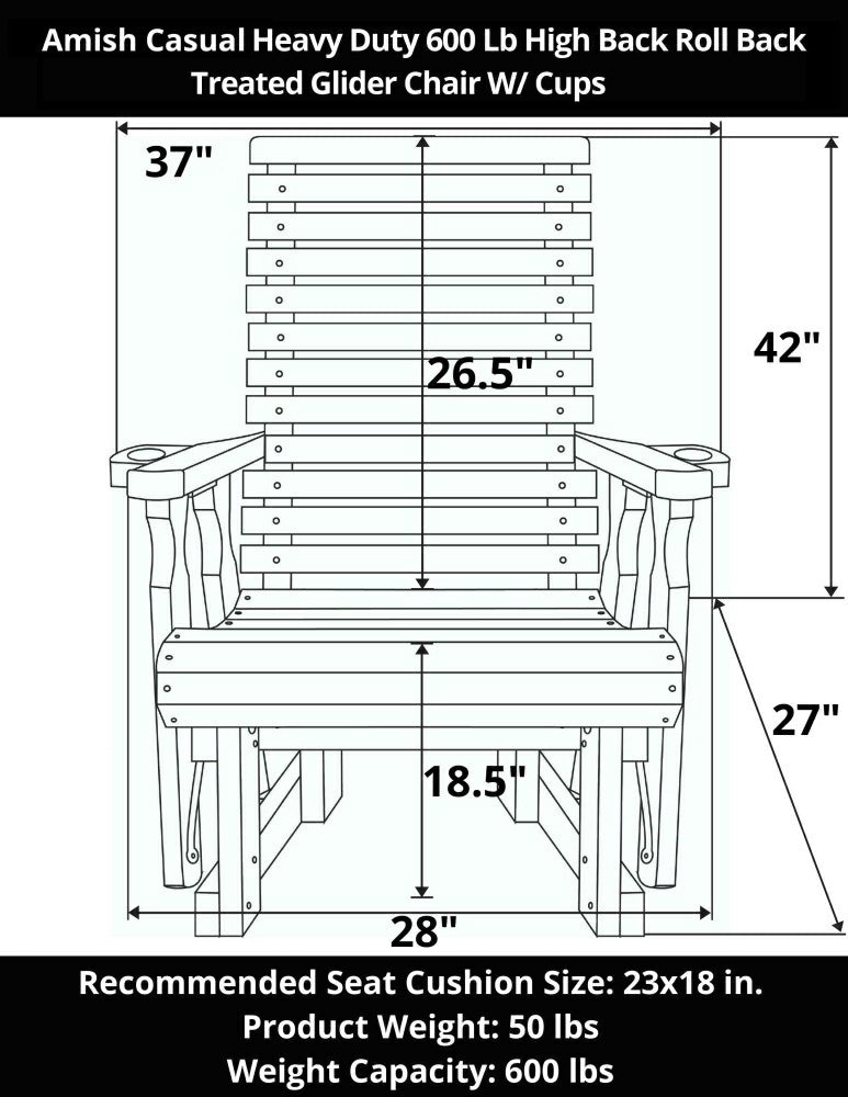 Plow & Hearth Amish Casual Heavy Duty 600 Lb High Back Roll Back Treated Glider Chai