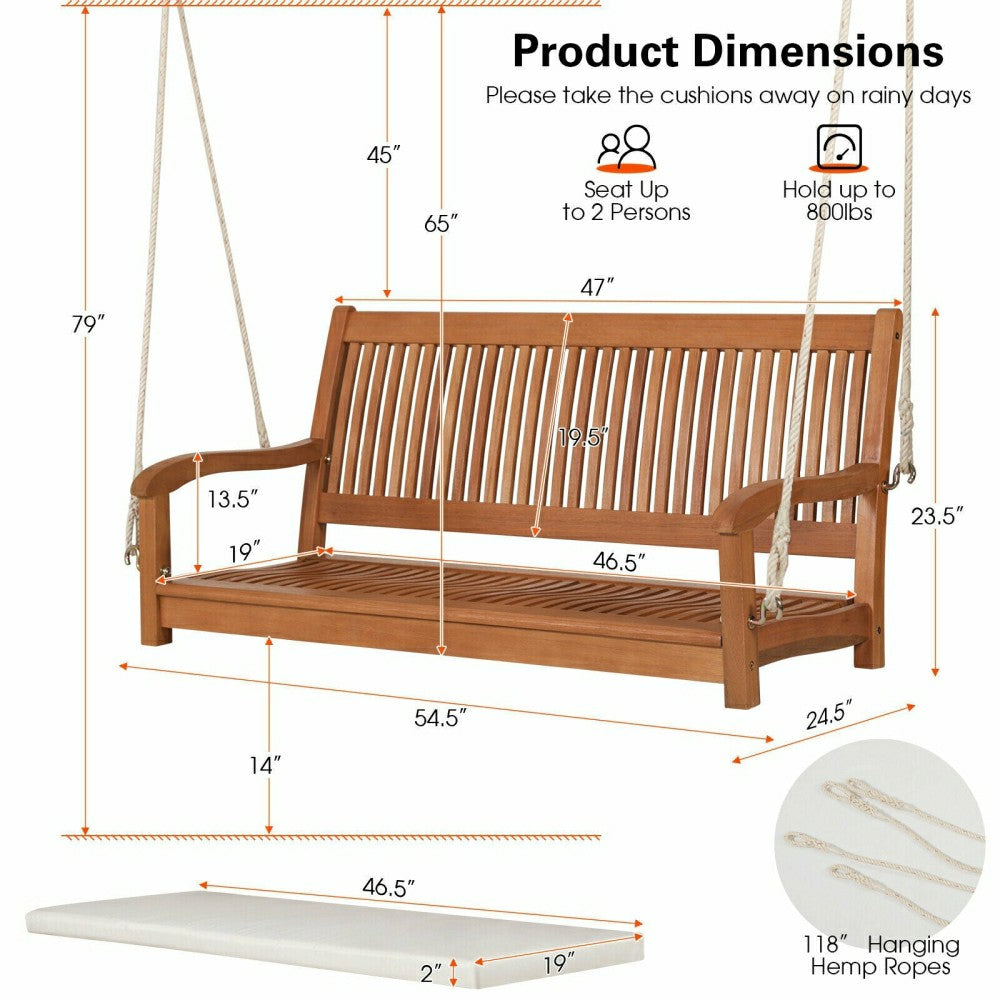 Plow & Hearth Wood Porch Swing Bench with Cushion
