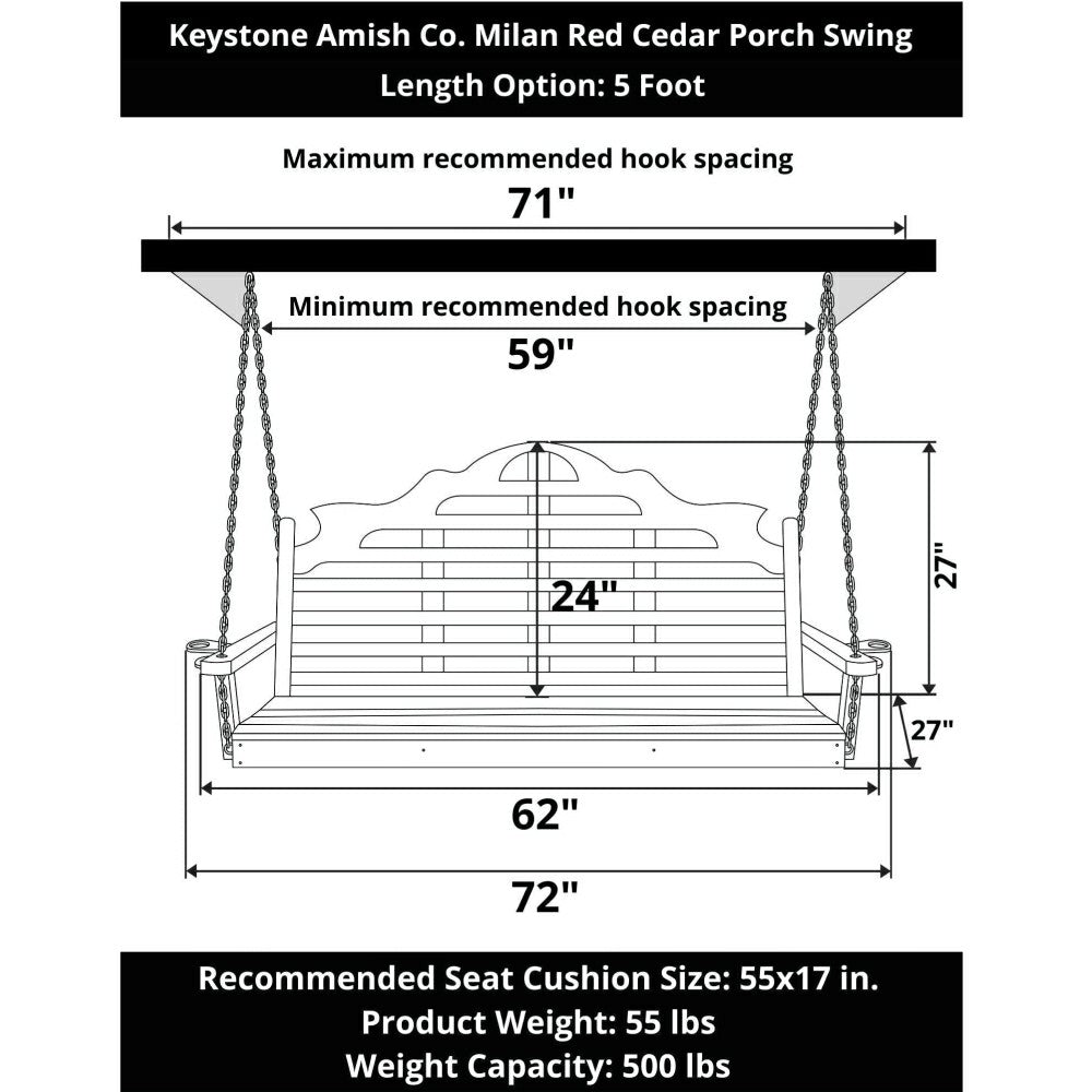 Plow & Hearth Keystone Amish Co. 5 Foot Milan Red Cedar Porch Swing without Cupholde