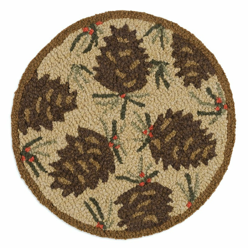 Plow & Hearth Needles and Cones Hooked Wool Chair Pad Set of 4