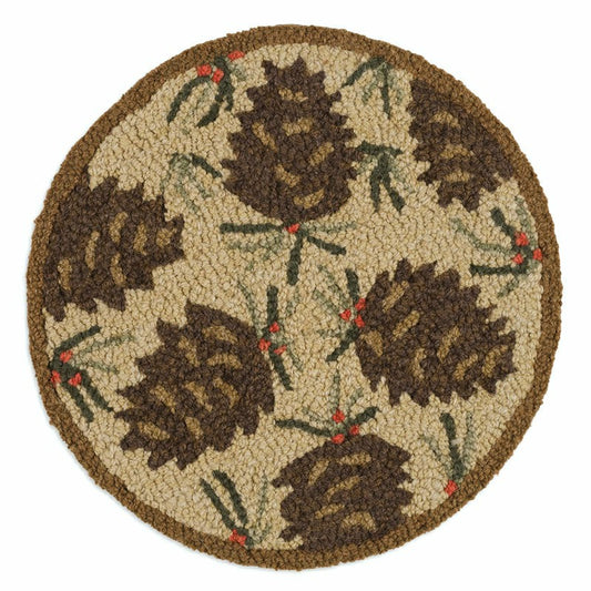 Plow & Hearth Needles and Cones Hooked Wool Chair Pad Set of 4