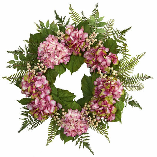 Plow & Hearth 24” Artificial Pink Hydrangea Berry Wreath