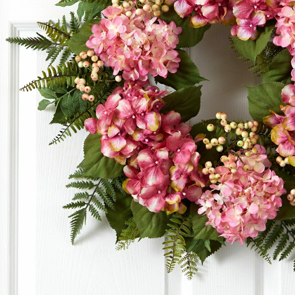 Plow & Hearth 24” Artificial Pink Hydrangea Berry Wreath