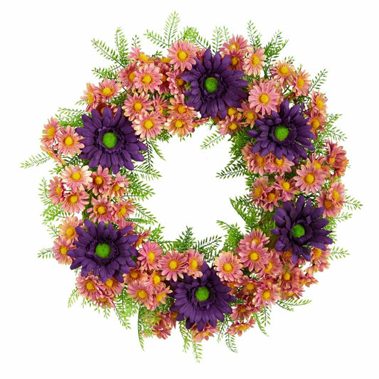 Plow & Hearth 21” Mixed Daisy Artificial Wreath