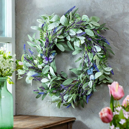 Plow & Hearth Cottage Garden Wreath Artificial Lavender with Butterflies, 21.5"