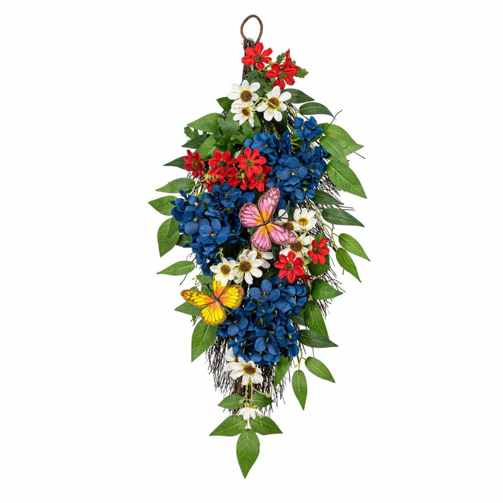 Plow & Hearth Red, White, & Bloom Swag Artificial Floral with Butterflies, 25"H