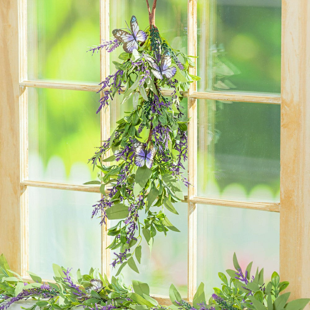 Plow & Hearth Pollinator Garden Swag Artificial Lavender with Butterflies, 25"H